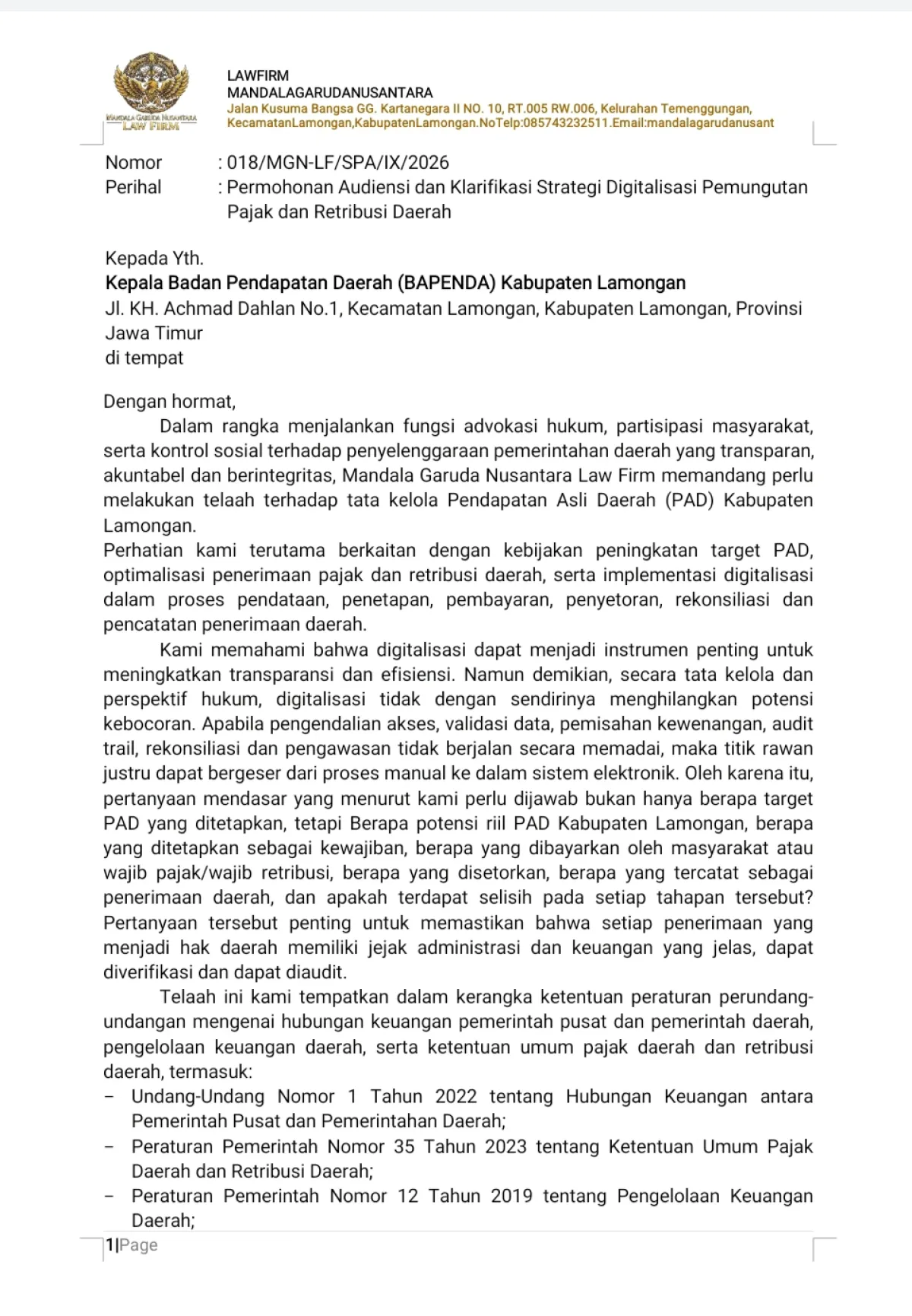 Menuju PAD Rp1 Triliun, Mandala Garuda Nusantara Ajukan Permohonan Audiensi kepada Bapenda Lamongan
